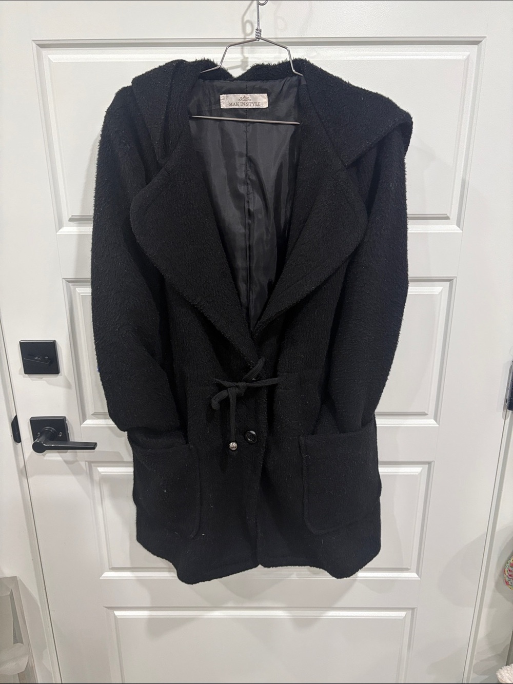 Black Hooded Teddy Jacket with Drawstring Waist